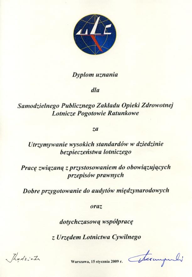 Dyplom uznania za utrzymywanie wysokich standardów w dziedzinie bezpieczeństwa lotniczego